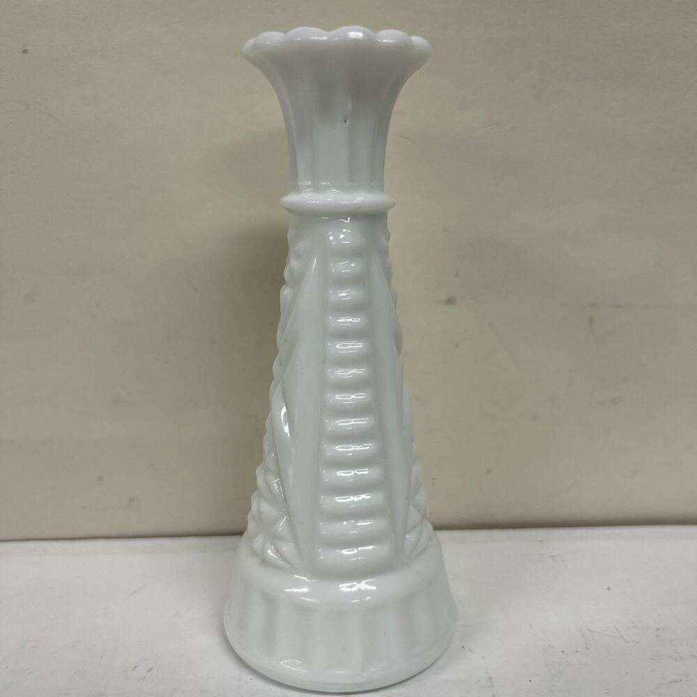 Small White Vintage Milk Glass Bud Vase Intricate Design 6”